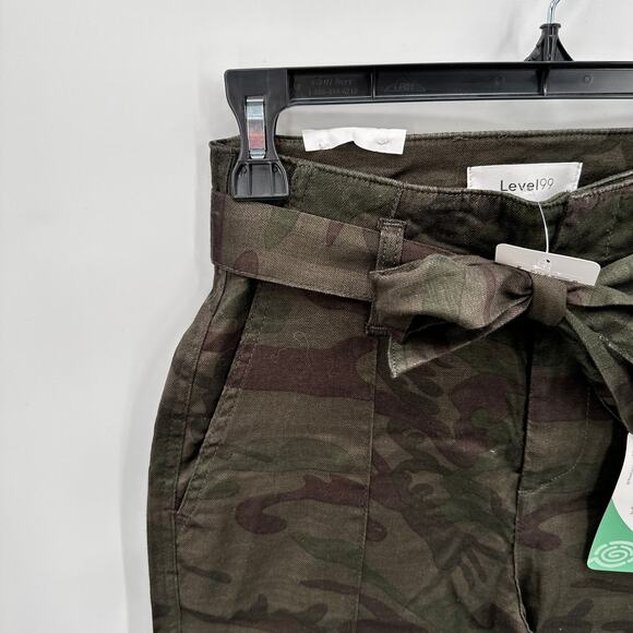 LEVEL99 NWT Bette Seamed Camo Tie Waist Straight Leg Linen Trouser Pants // 24 - Picture 6 of 13
